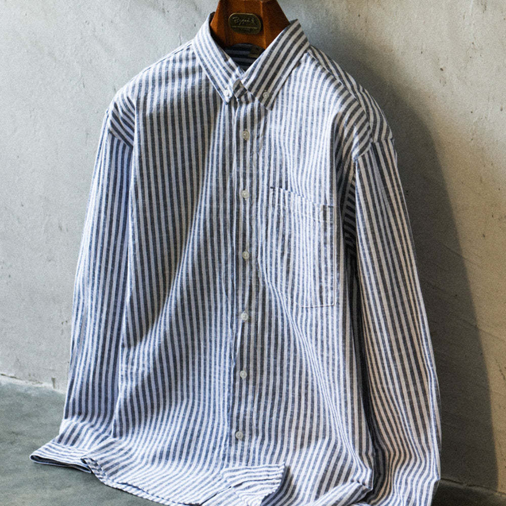 日系廊型長袖豎條紋襯衫160g輕量感疊穿慵懶風復古襯衣