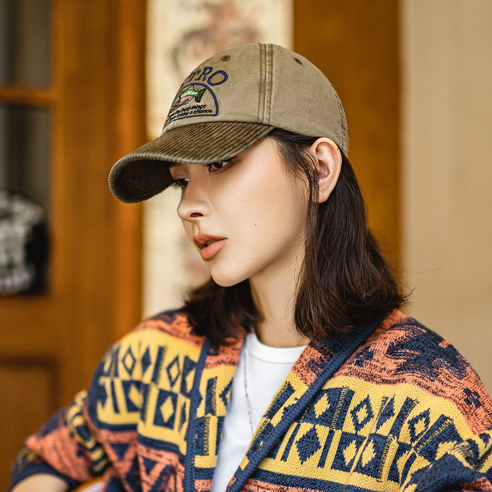 美式復古卡其燈芯絨彎簷硬頂棒球帽刺繡做舊鴨舌遮陽帽子女士