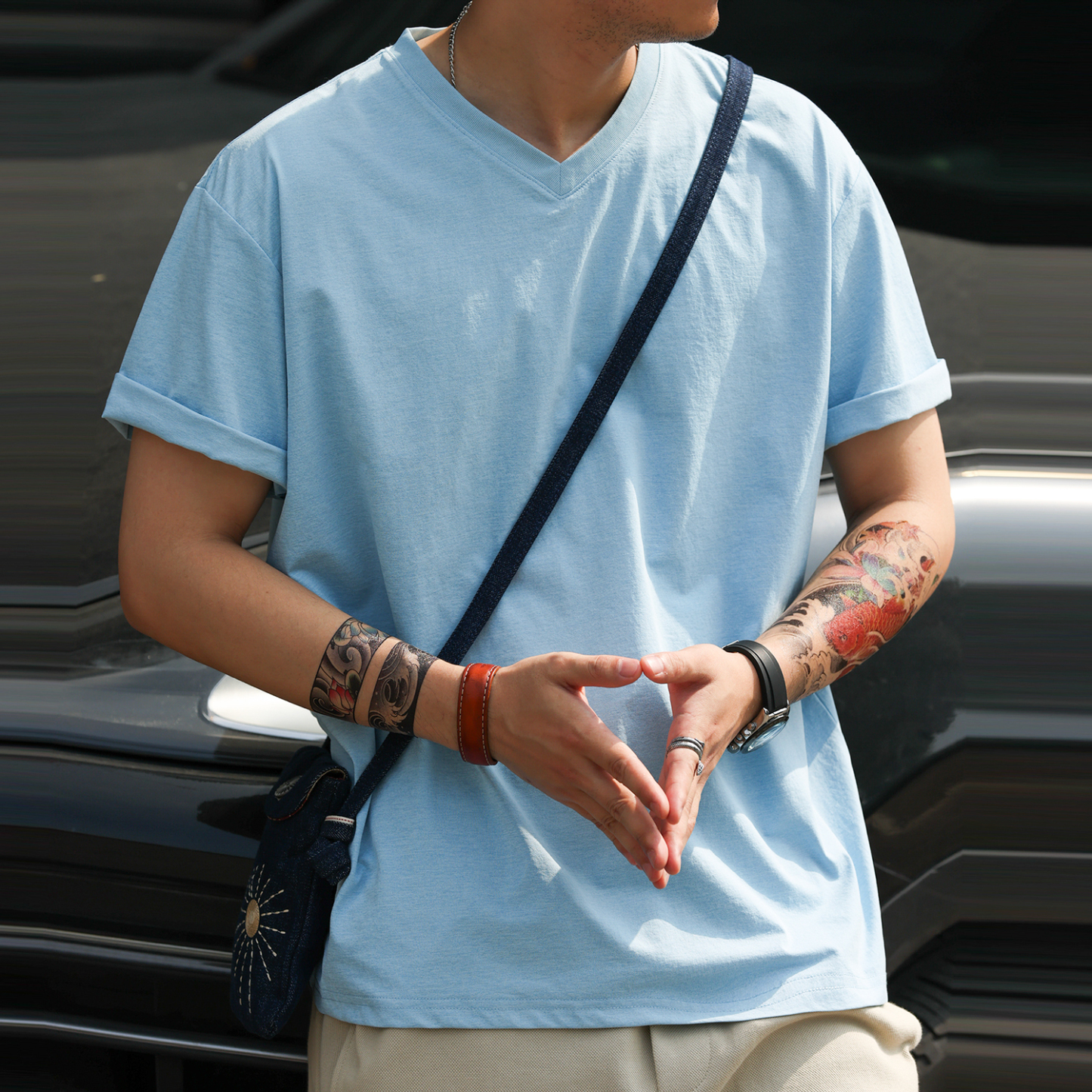 索羅娜生物基小V領短袖T恤男戶外160g輕量感速幹打底衫