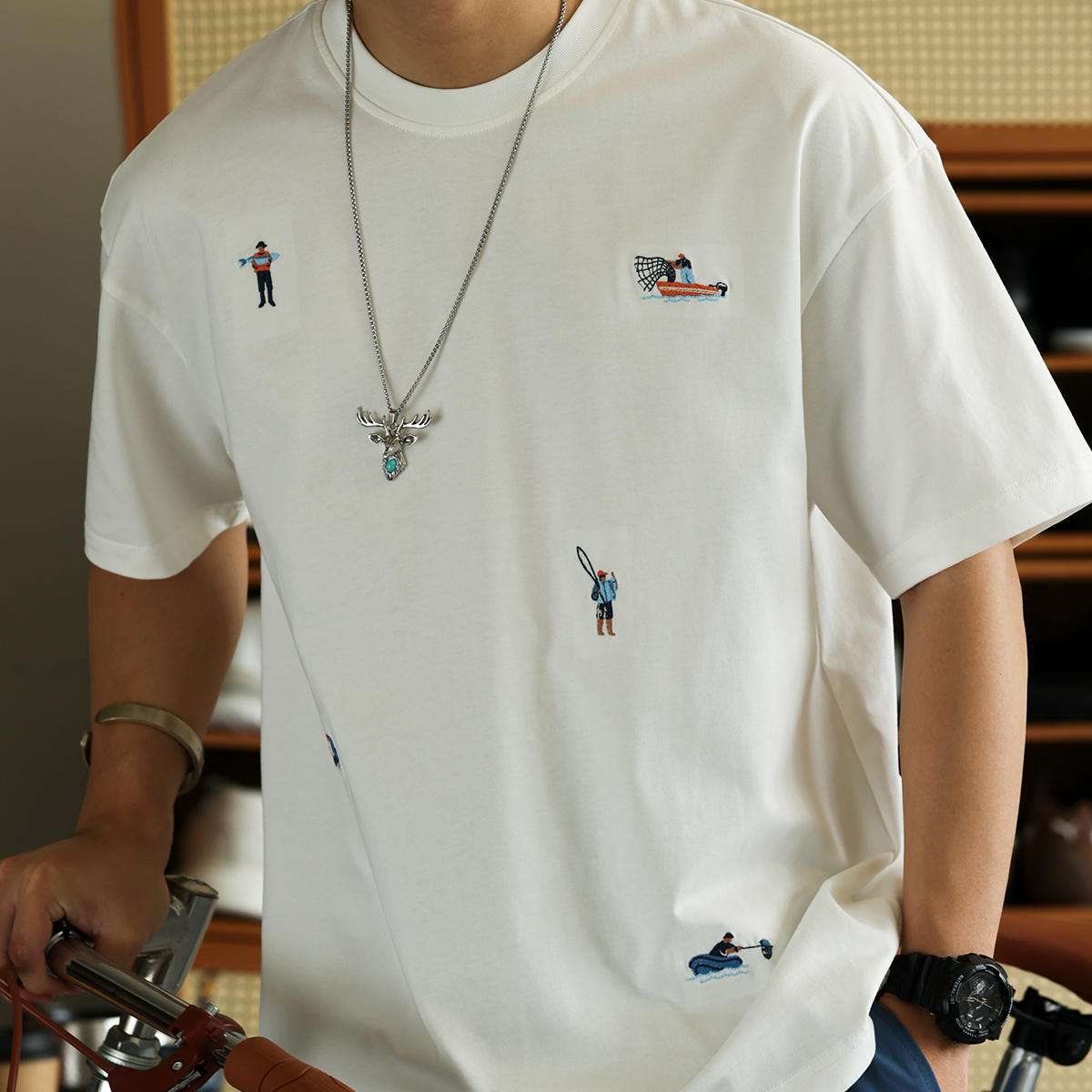 新疆長絨棉趣味小刺繡短袖T恤男260g凉感純棉圓領打底衫