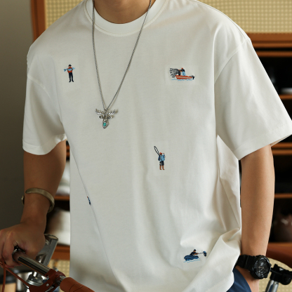 新疆長絨棉趣味小刺繡短袖T恤男260g凉感純棉圓領打底衫