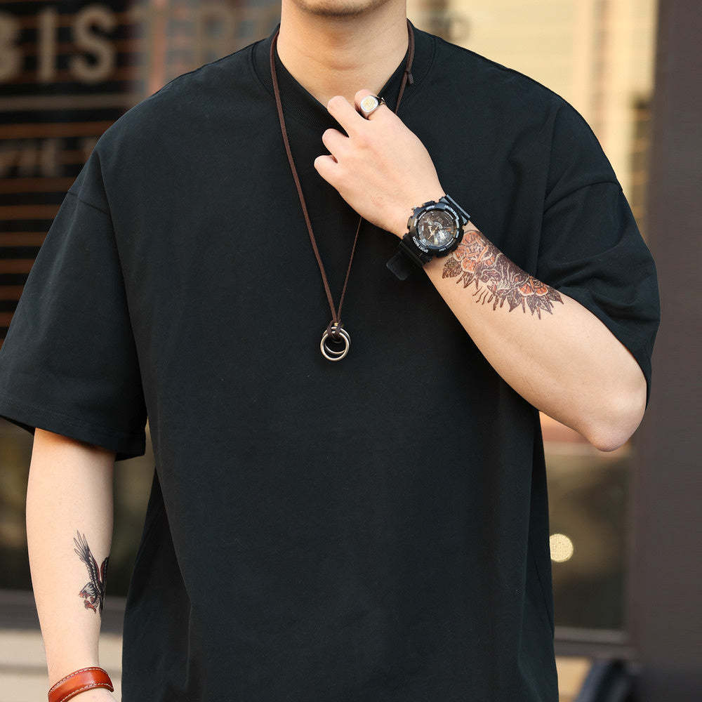 美式230g輕絨感小領口短袖T恤男寬鬆休閒抗皺大碼體恤夏