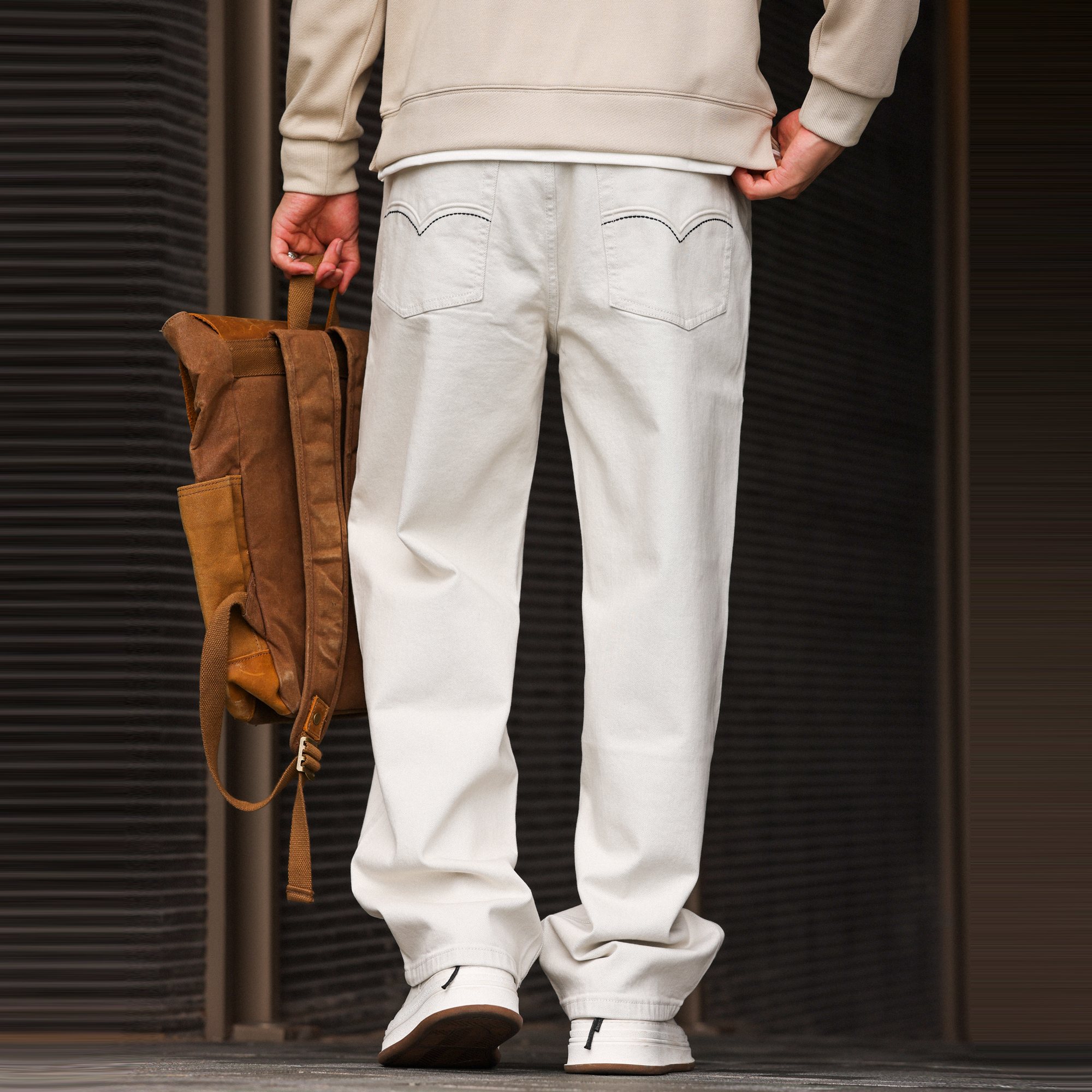 12.7盎司復古白色牛仔褲男耐鹼性棉彈直筒質感休閒長褲