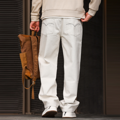 12.7盎司復古白色牛仔褲男耐鹼性棉彈直筒質感休閒長褲