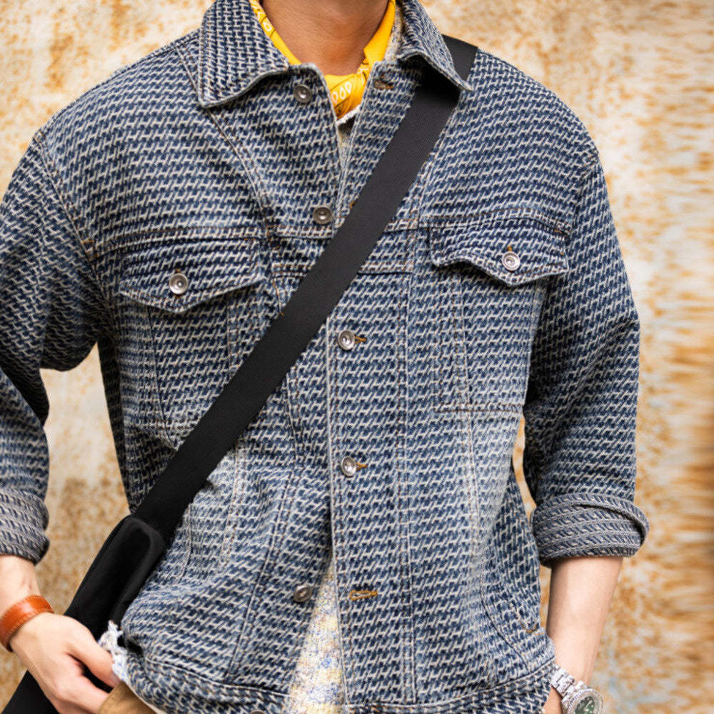 法式復古滿提花牛仔夾克男cityboy休閒高級感水洗外套秋-Retro's Wear