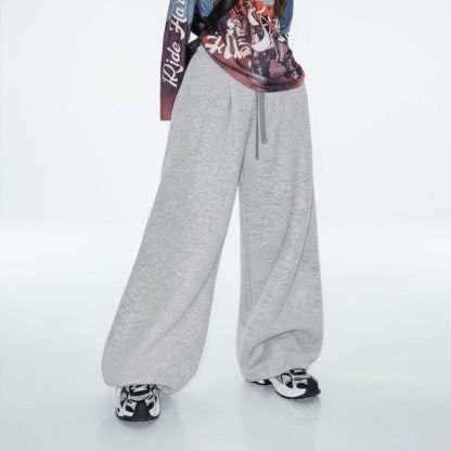 淺灰色闊腿直筒休閒長衛褲鬆緊腰抽繩束脚垂墜感糯米褲子女冬