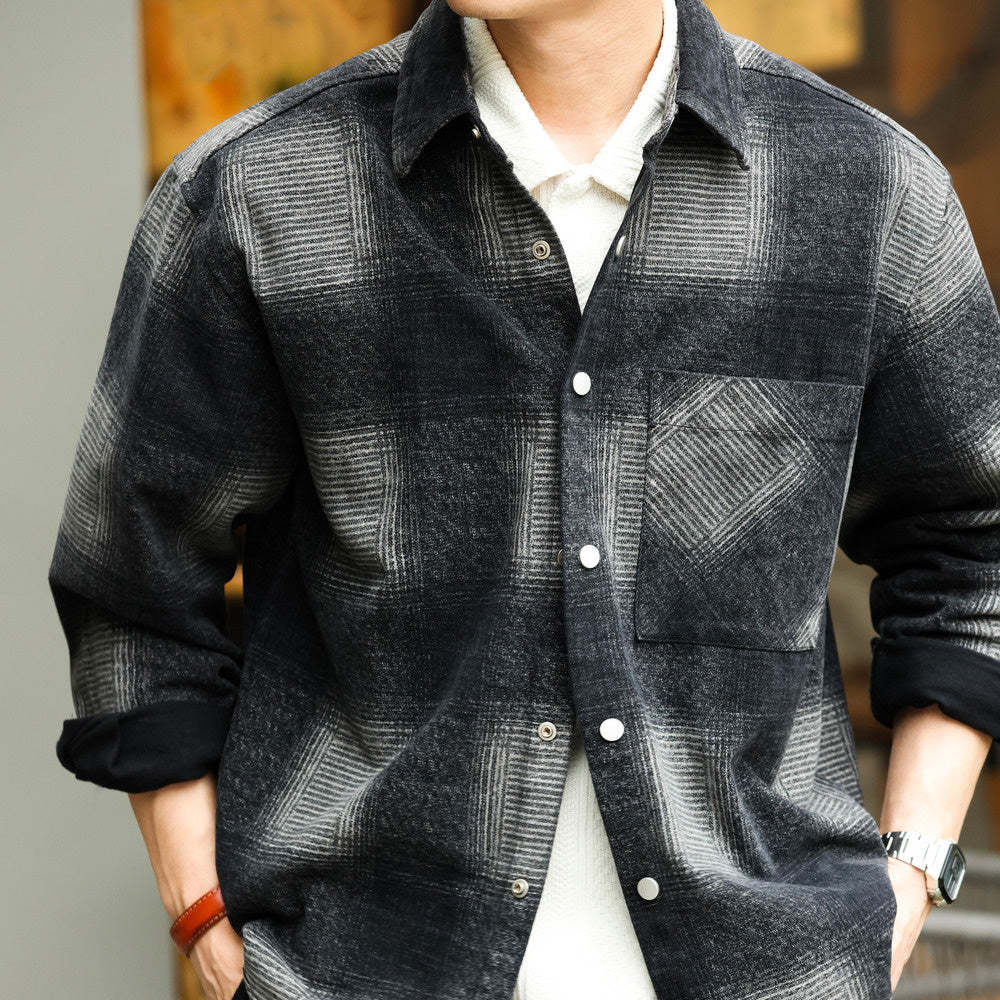 日系復古奇卡諾長袖仿毛呢襯衫男暈染撞色格紋磨毛寸衫外套-Retro's Wear