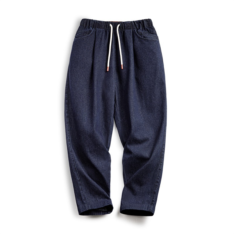 美式休閒Jogger丹寧牛仔褲vibe鬆緊腰抽繩水洗直筒褲男秋-Retro's Wear
