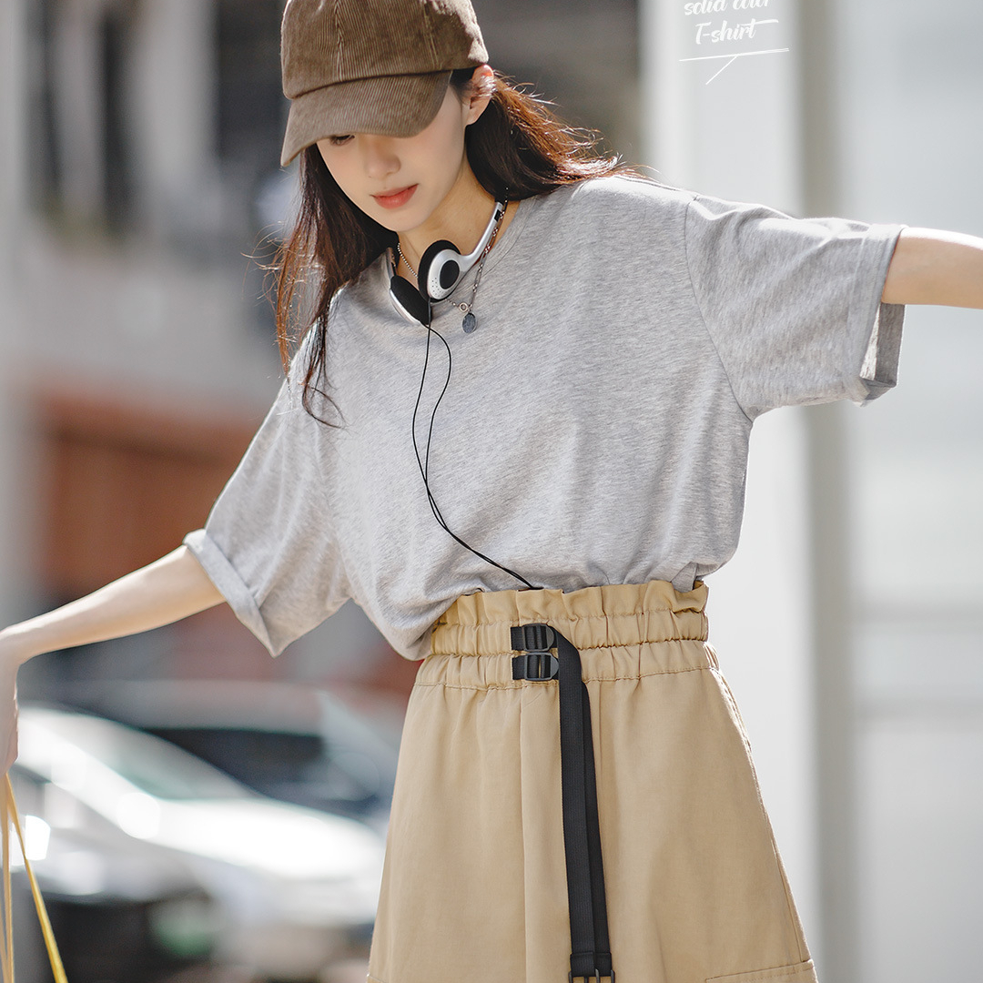 马登女装 美式休闲薄款T恤纯色落肩宽松基础款短袖透气上衣夏-Retro's Wear