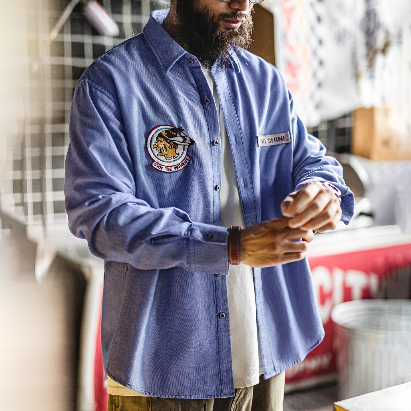 美式休閒牛津紡長袖襯衫藍色襯衣外套純棉牛津布薄款男秋