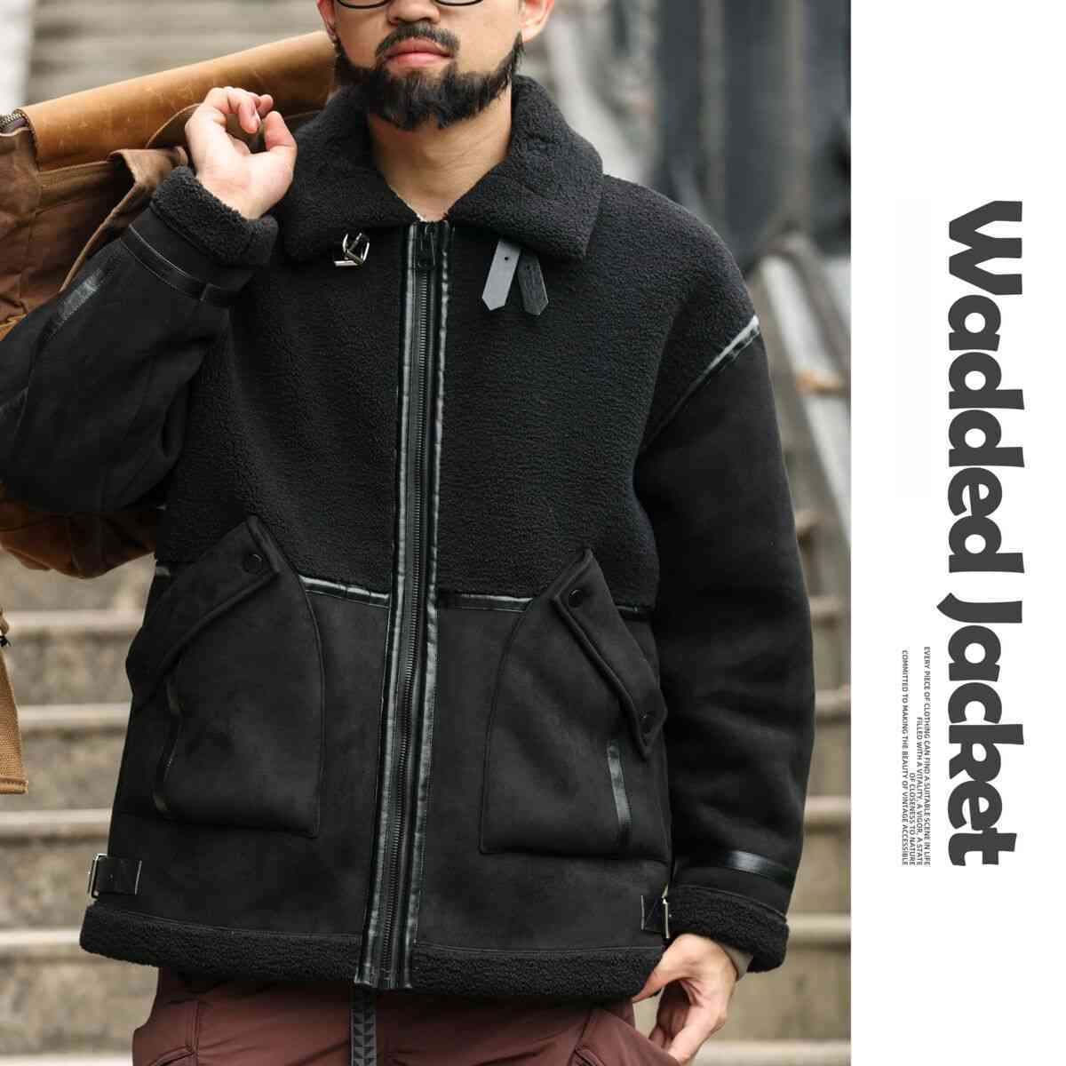 美式皮毛一體羊羔絨毛領外套男加厚保暖麂皮絨拼接夾克