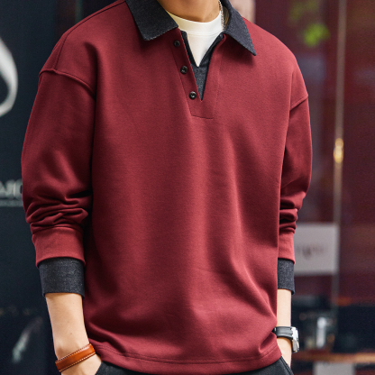 假兩件撞色拼接重磅牛仔Polo衫男秋冬加絨復古翻領衛衣