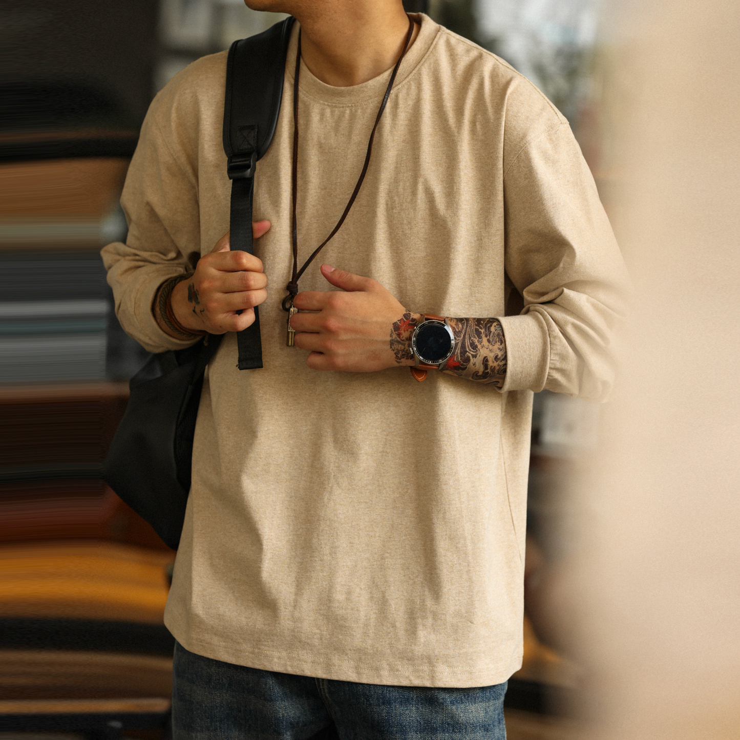 美式休閒260g燕麥灰圓領長袖T恤男秋季寬鬆基礎款打底衫