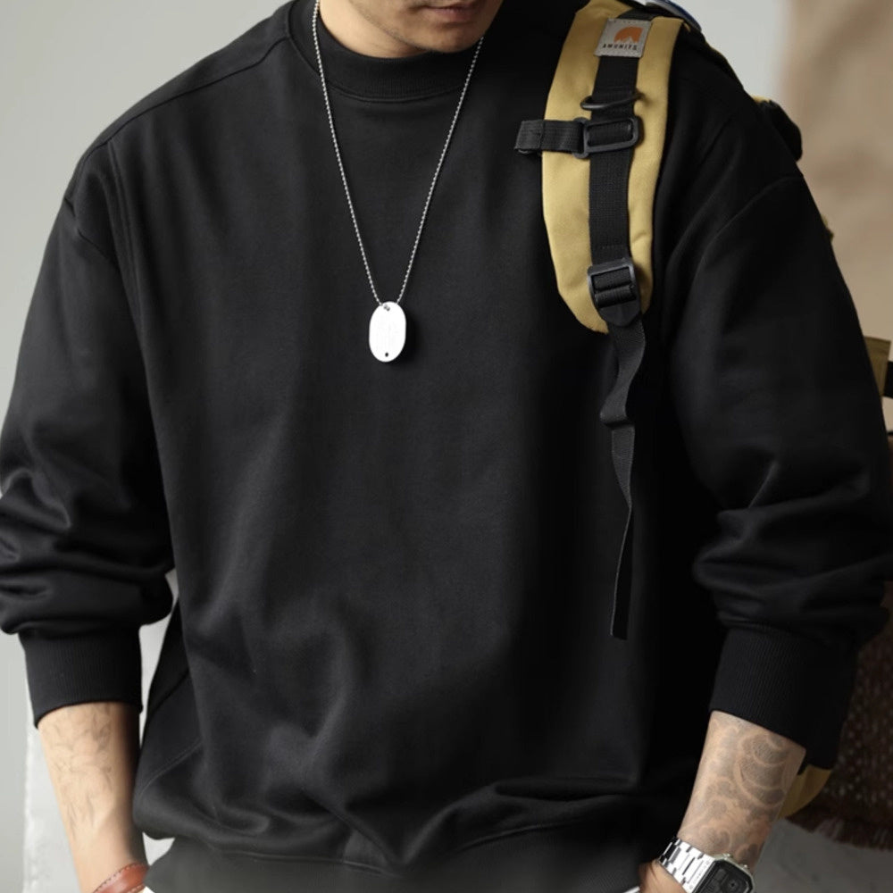 日系復古阿爾曼重磅衛衣男寬鬆圓領390g螺紋拼接淨版上衣秋-Retro's Wear