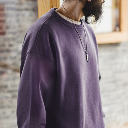 美式新疆棉衛衣紫色圓領套頭無帽外穿寬鬆長袖外套男款春