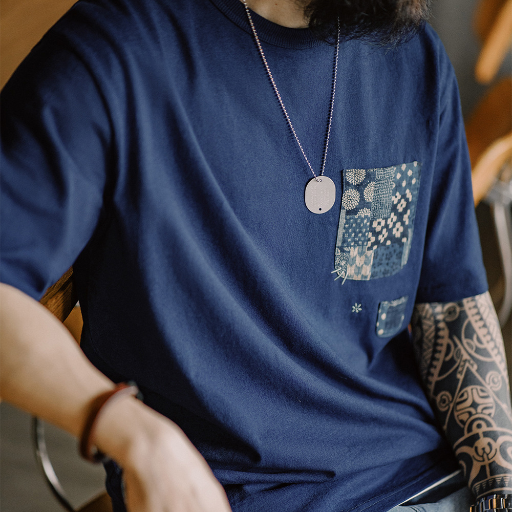 植物藍染古布拼接口袋T恤美式復古indigo純棉上衣男夏季