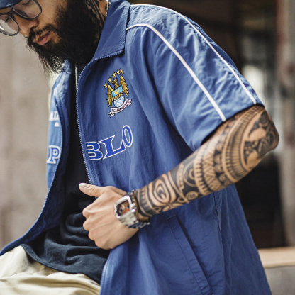 美式復古撞色cityboy短袖上衣休閒刺繡夾克輕薄外套夏男