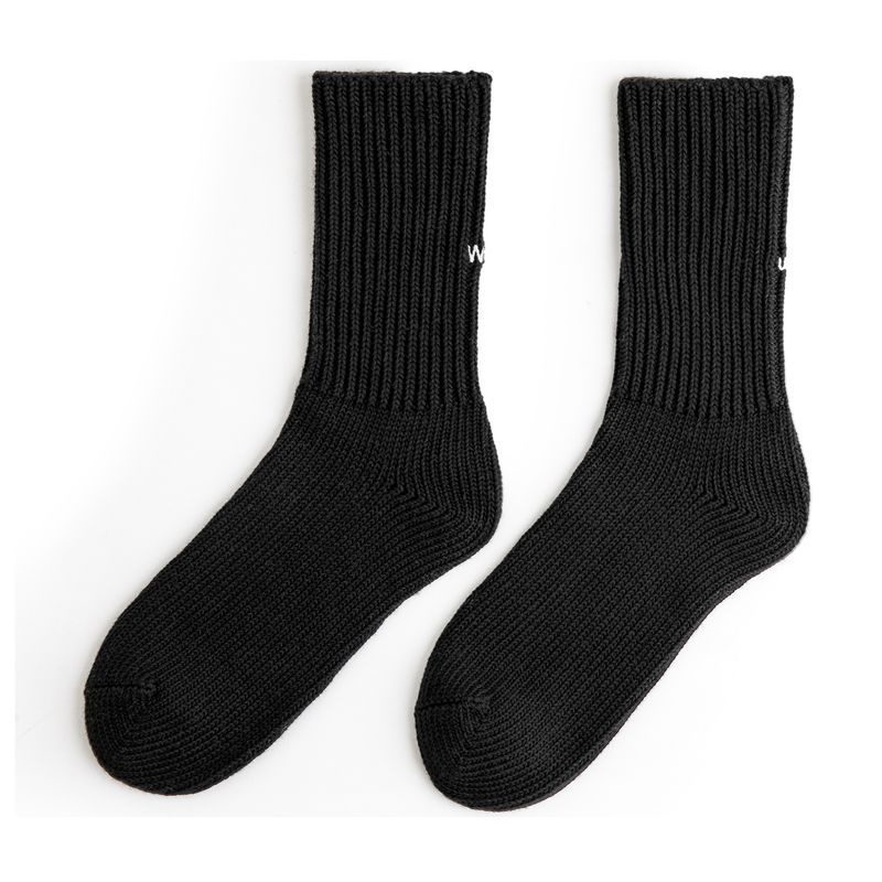 復古粗線刺繡針織中筒襪黑色運動透氣精梳棉長襪子男女秋-Retro's Wear