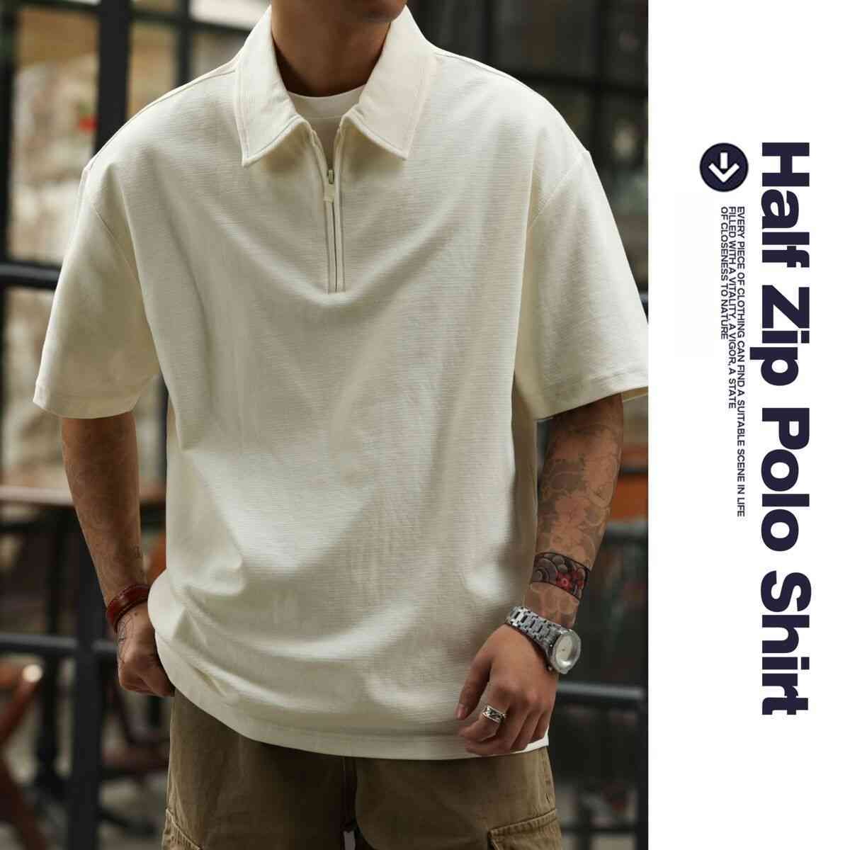 美式休閒半拉鍊翻領POLO衫男260g重磅肌理感寬鬆短袖T恤