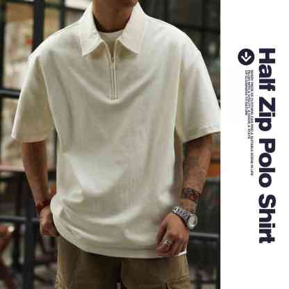 美式休閒半拉鍊翻領POLO衫男260g重磅肌理感寬鬆短袖T恤