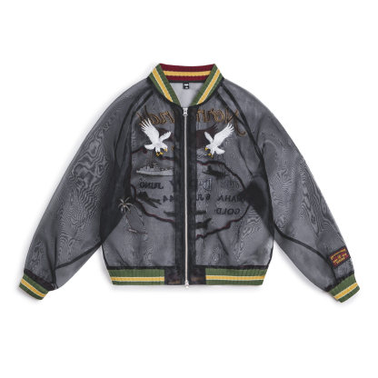 美式復古歐根紗橫須賀刺繡棒球服夾克半透明外套罩衫上衣女春