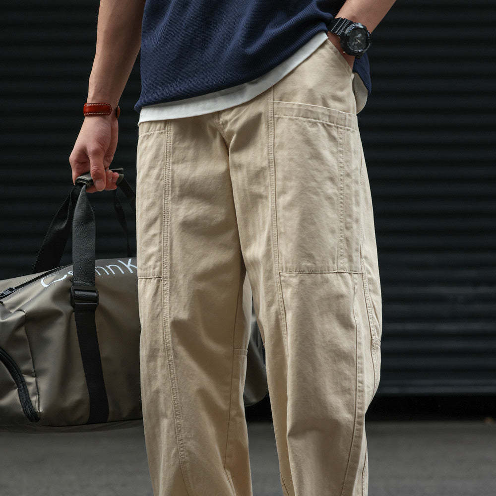 立體裁剪多口袋休閒工裝褲子男人字紋杏色vintage闊腿褲