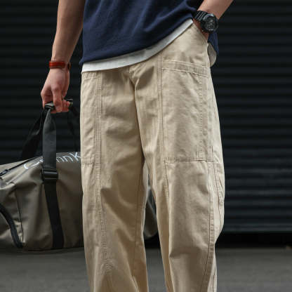 立體裁剪多口袋休閒工裝褲子男人字紋杏色vintage闊腿褲