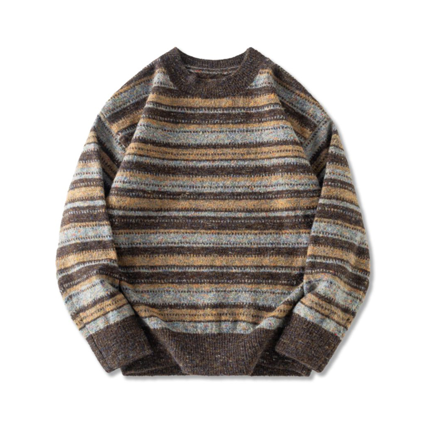 慵懶風撞色條紋圓領毛衣男2025冬季新款寬鬆復古加厚保暖針織衫