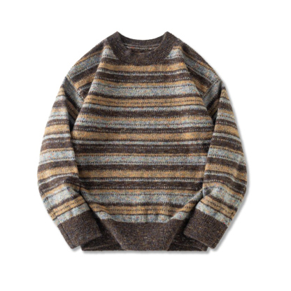 慵懶風撞色條紋圓領毛衣男2025冬季新款寬鬆復古加厚保暖針織衫