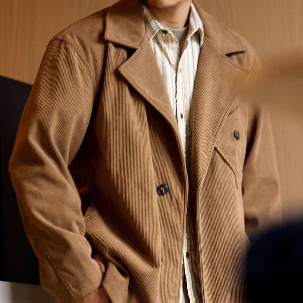 日系燈芯絨西裝外套男貼袋設計感休閒復古法式輕熟疊穿夾克-Retro's Wear