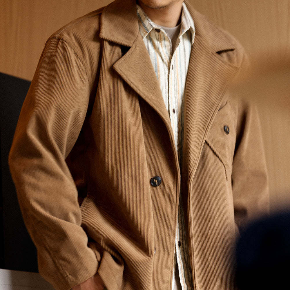 日系燈芯絨西裝外套男貼袋設計感休閒復古法式輕熟疊穿夾克-Retro's Wear