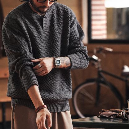 美式重磅亨利領粗針毛衣男秋冬款老錢楓加厚保暖硬漢針織衫