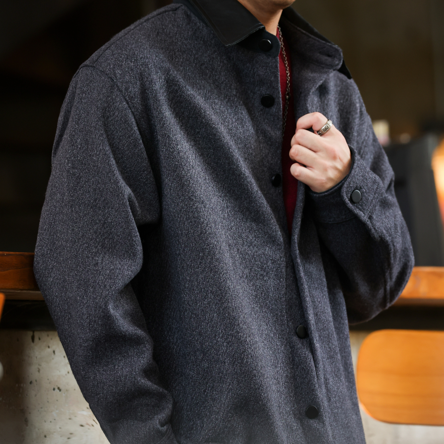 美式復古720g羊毛呢保暖襯衣外套男拼接皮質翻領襯衫冬