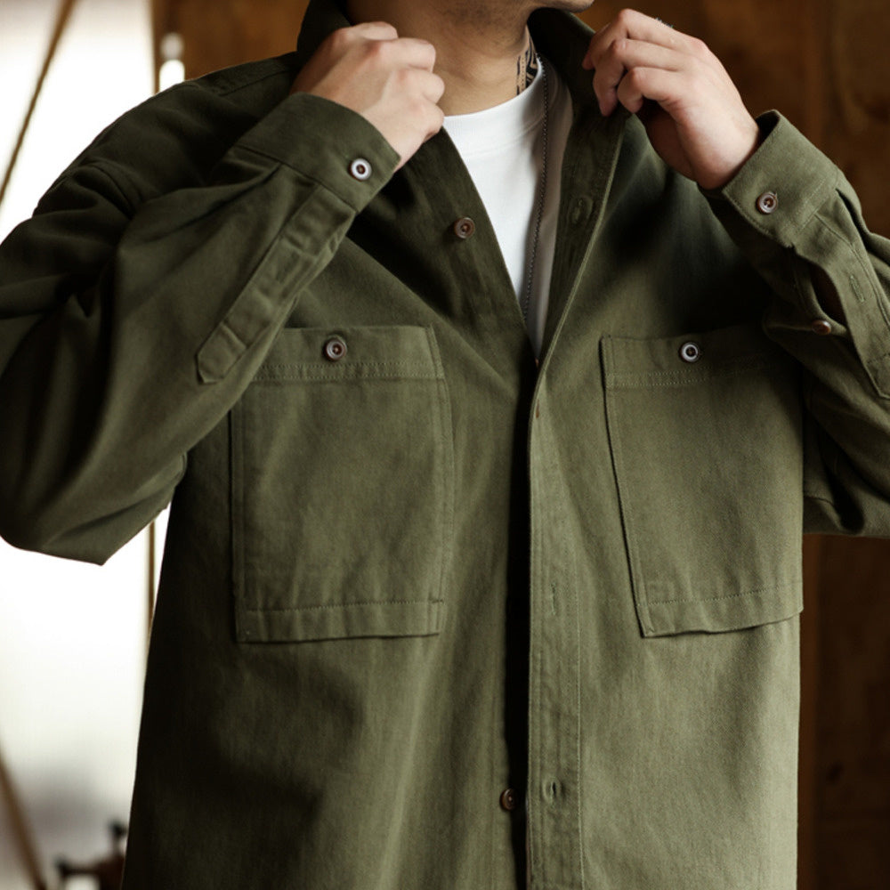 美德拉復古色系長袖襯衫男水洗純棉疊穿外搭日系襯衣外套秋-Retro's Wear