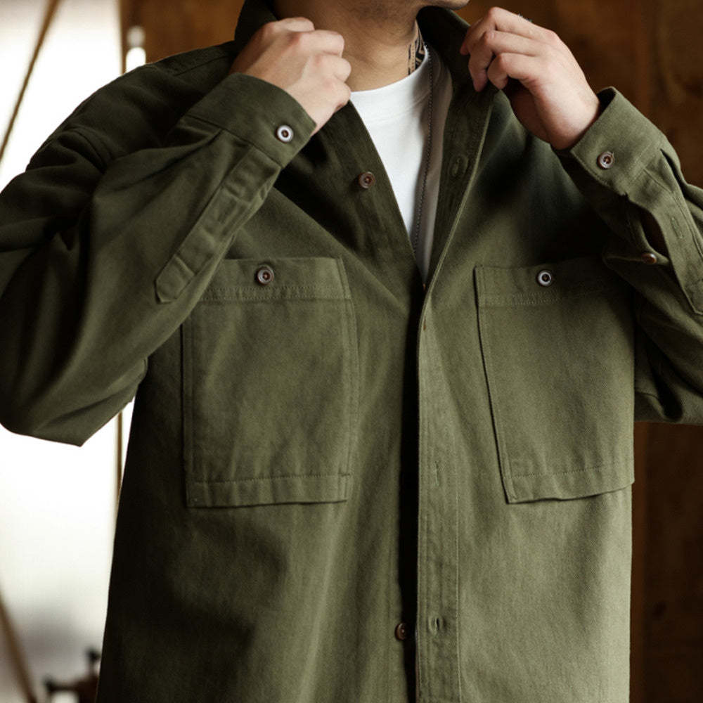 美德拉復古色系長袖襯衫男水洗純棉疊穿外搭日系襯衣外套秋-Retro's Wear