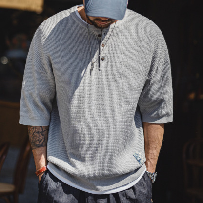 美式竹節紋亨利衫短袖老錢垂感針織灰色寬鬆半袖T恤男夏