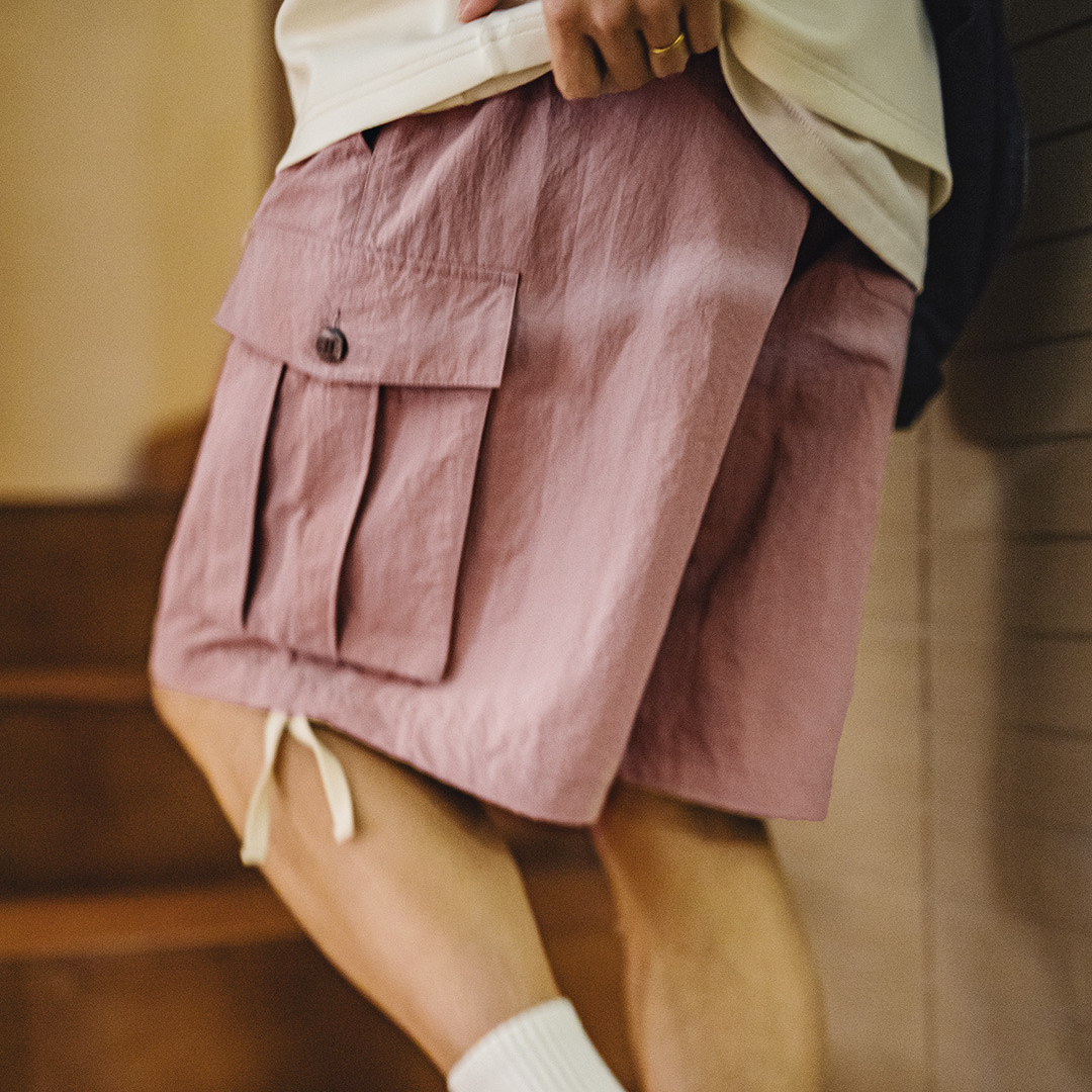 山系速幹短褲美式大口袋梭織寬鬆直筒粉色薄款短褲男夏季