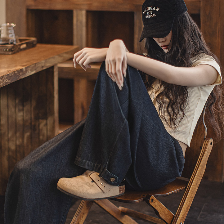 復古冰皮香蕉牛仔褲凉感柔軟面料通勤蘿蔔褲鬆緊系腰褲子春女