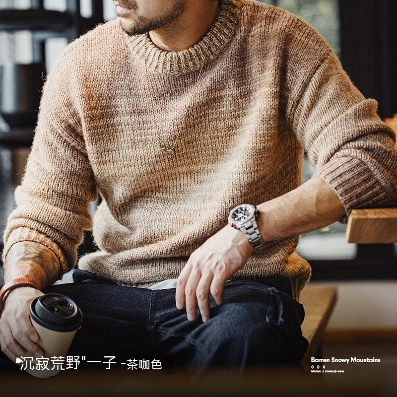 美式復古漸變條紋毛衣美拉德套頭圓領混紡針織衫男秋冬-Retro's Wear