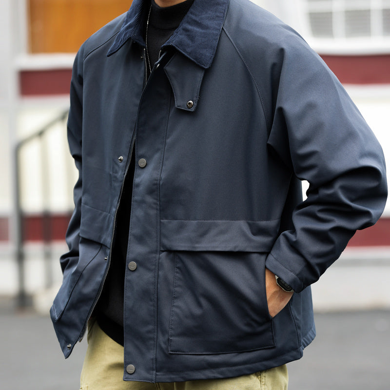 美式復古插肩袖哈靈頓夾克男燈芯絨拼接領口底特律工裝外套-Retro's Wear