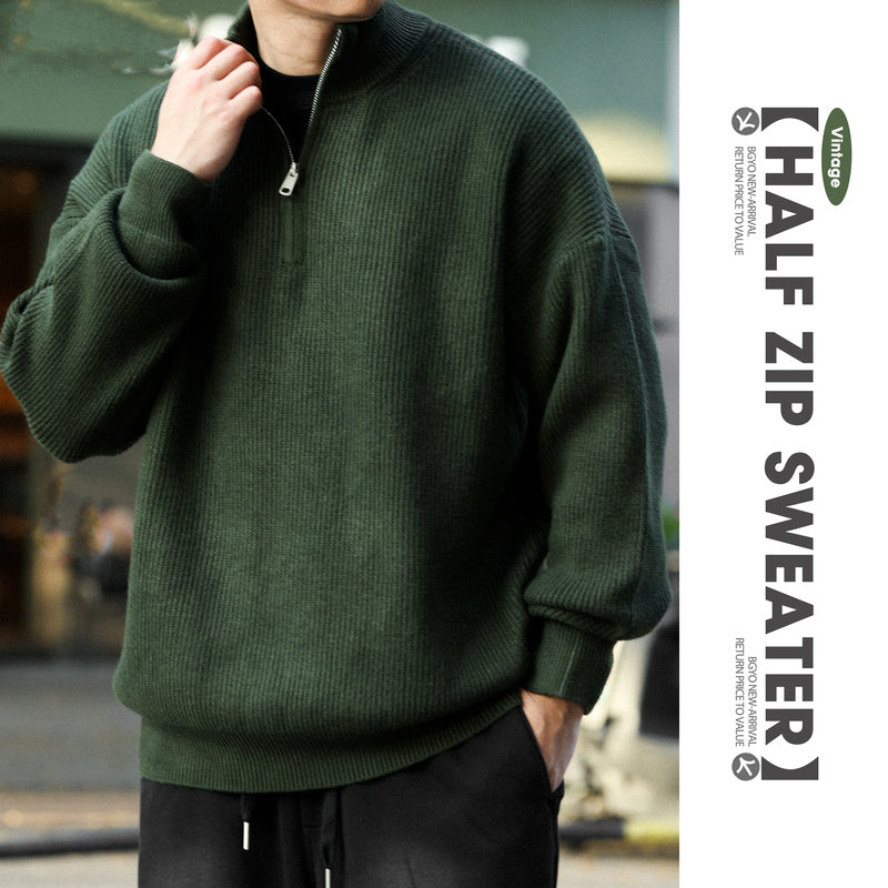美式休閒半拉鍊立領保暖毛衣男700g復古慵懶風針織衫冬-Retro's Wear
