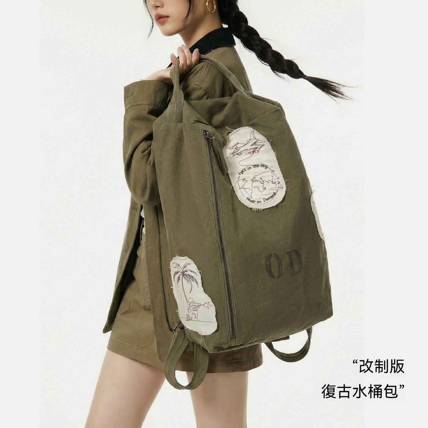 美式戶外復古水桶包大容量電腦結實耐用背包女士雙肩旅行輕便