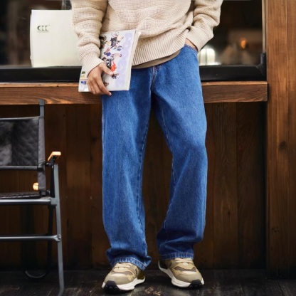 美式春秋cleanfit寬鬆直筒牛仔褲男2026新款藍色大碼休閒長褲子