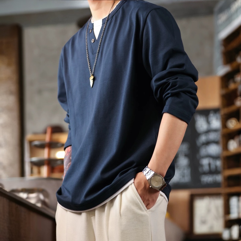假兩件美式復古長袖小V領T恤男275g重磅純棉休閒上衣
