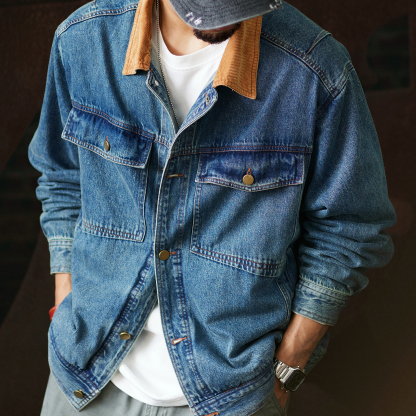 復古撞色燈芯絨翻領牛仔夾克男2025秋季新款寬鬆工裝休閒外套