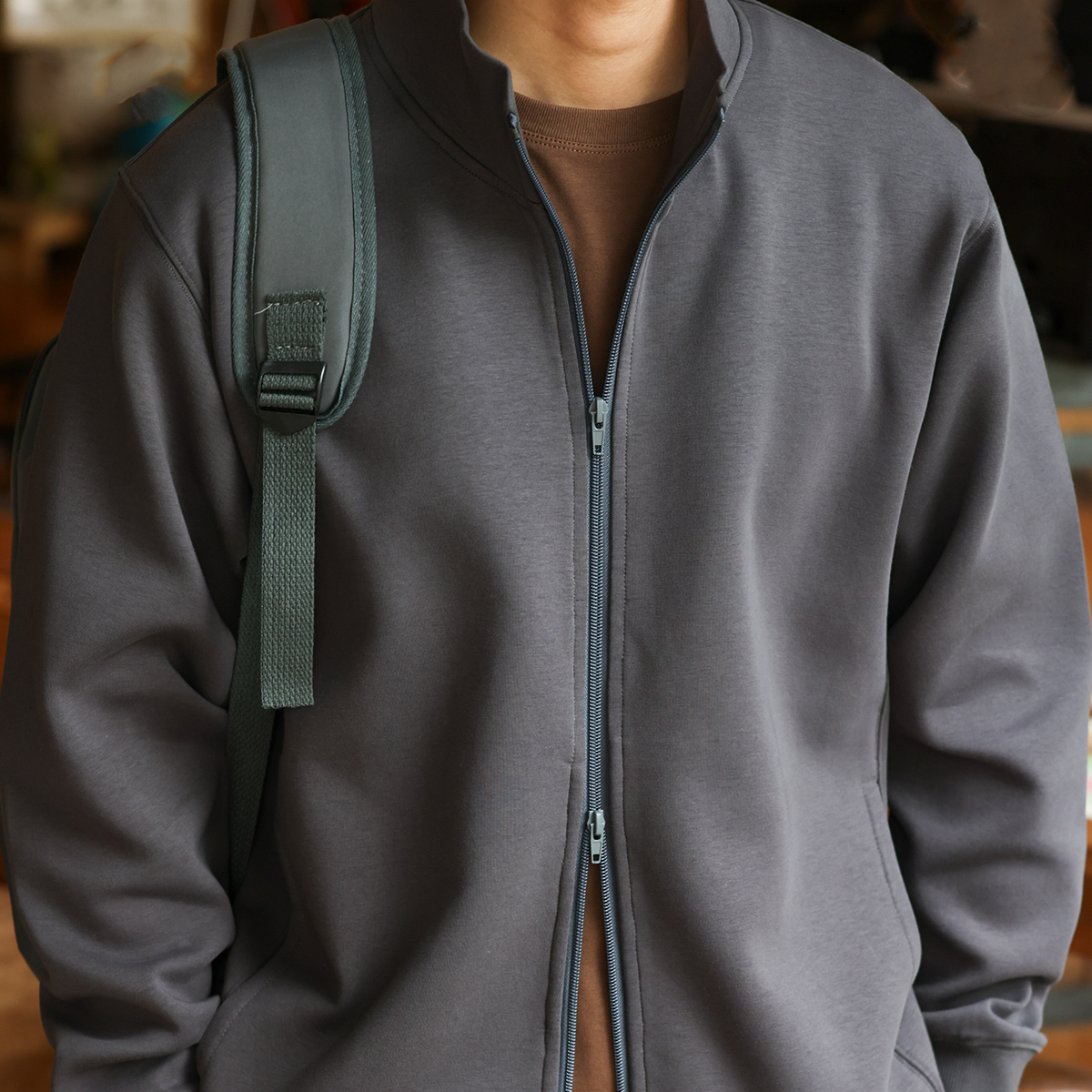 美式重磅立領開衫衛衣男cleanfit空氣感抗皺運動外套秋