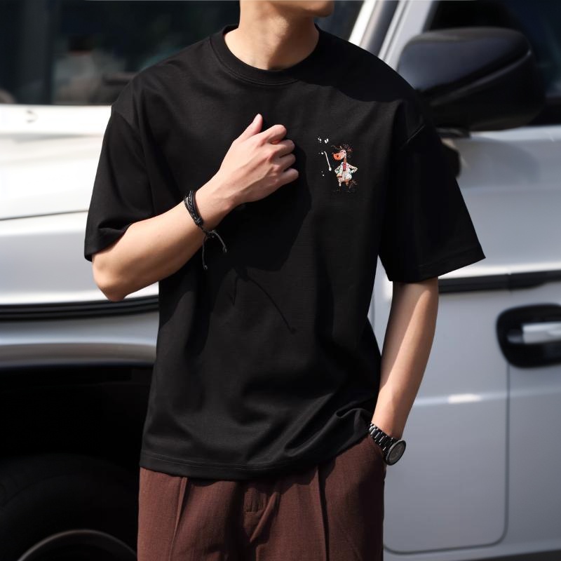 美式休閒刺繡印花短袖T恤男生微寬趣味卡通210g打底衫夏