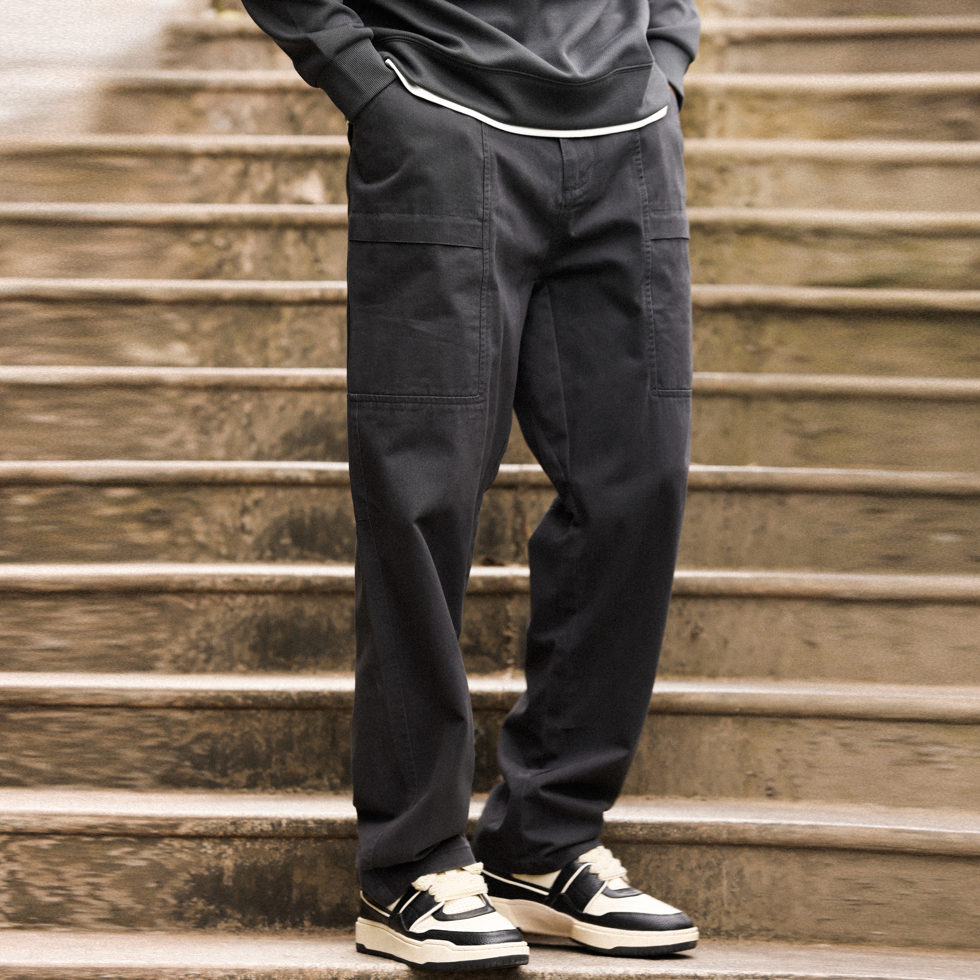 美式復古白色休閒褲男精梳棉半鬆緊腰直筒休閒工裝長褲