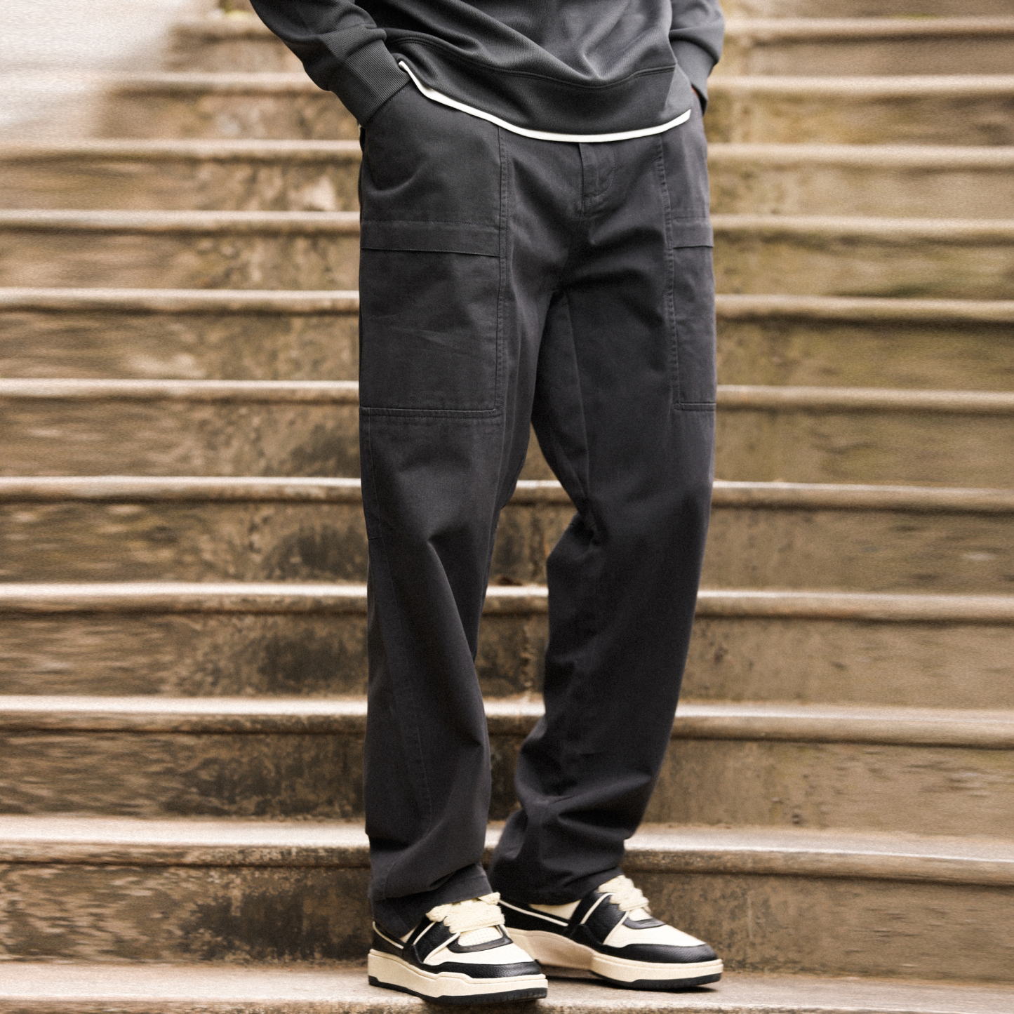 美式復古白色休閒褲男精梳棉半鬆緊腰直筒休閒工裝長褲