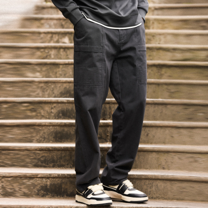 美式復古白色休閒褲男精梳棉半鬆緊腰直筒休閒工裝長褲